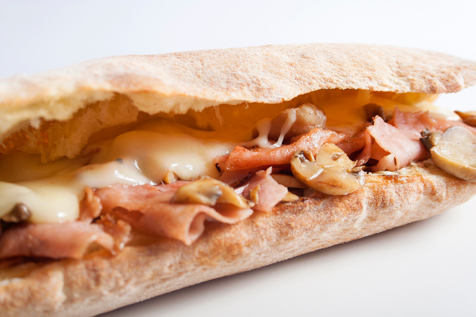 Sandwich With Grilled Ham Button Mushrooms And Cheese