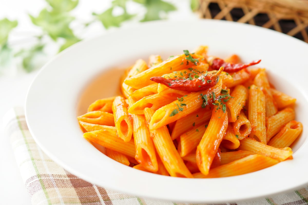 Penne pasta in arrabbiata sauce.