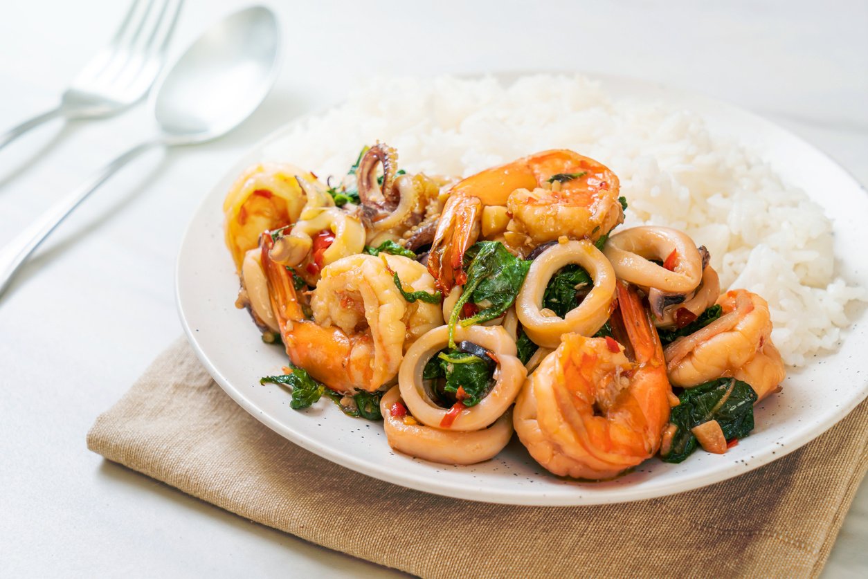 Rice and Stir-Fried Seafood with Thai Basil