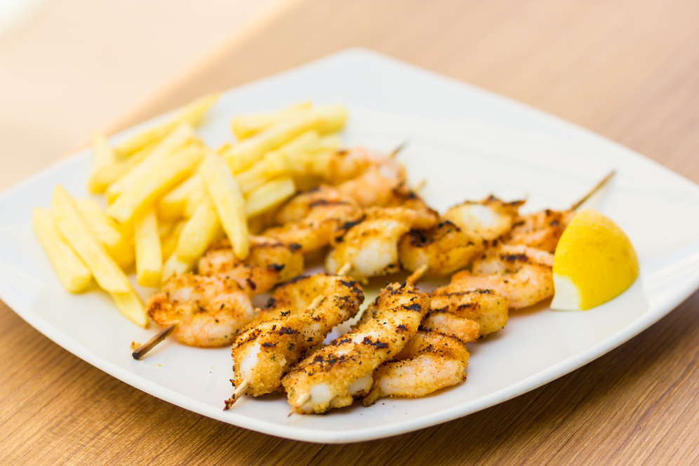 skewers of grilled squid and shrimp